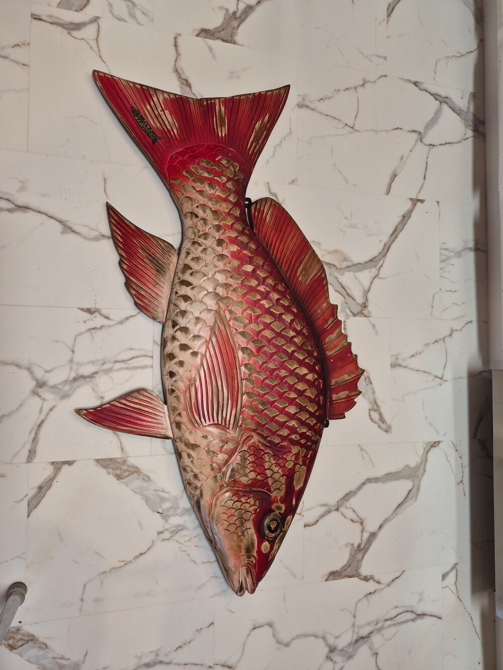 Hand Carved Wooden Fish Sculpture 43 Inch Red and Natural Wood Wall Art